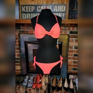 🔥🧡 NWT RELLECIGA Womens Bikini Tie Swimsuit 2 pc Flourescent Orange - SZ LG